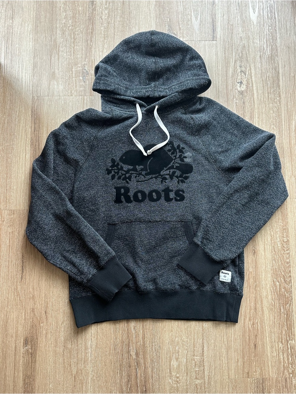 Roots Women’s Heather Charcoal Grey Hoodie with Black Velvet Logo - XS